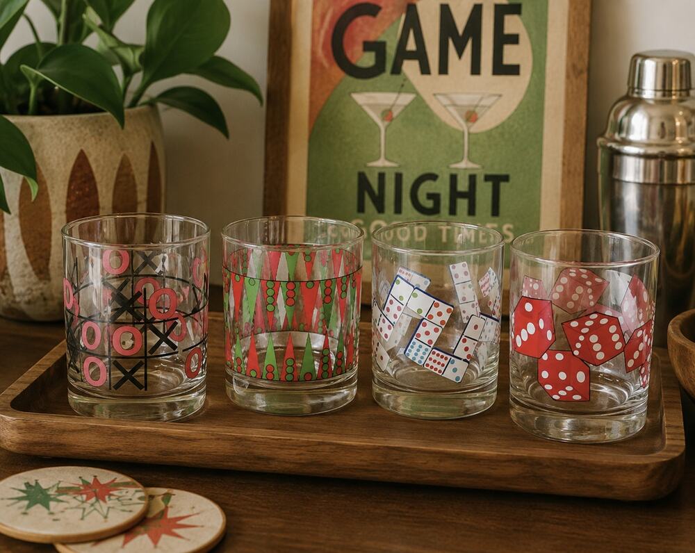 Vintage MCM Game Theme Cocktail Glasses Set of 4 Dice Domino Tic Tac Toe